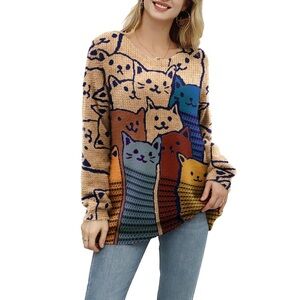 Unbranded Women's Graphic Cat Lover Cotton & Wool Sweater